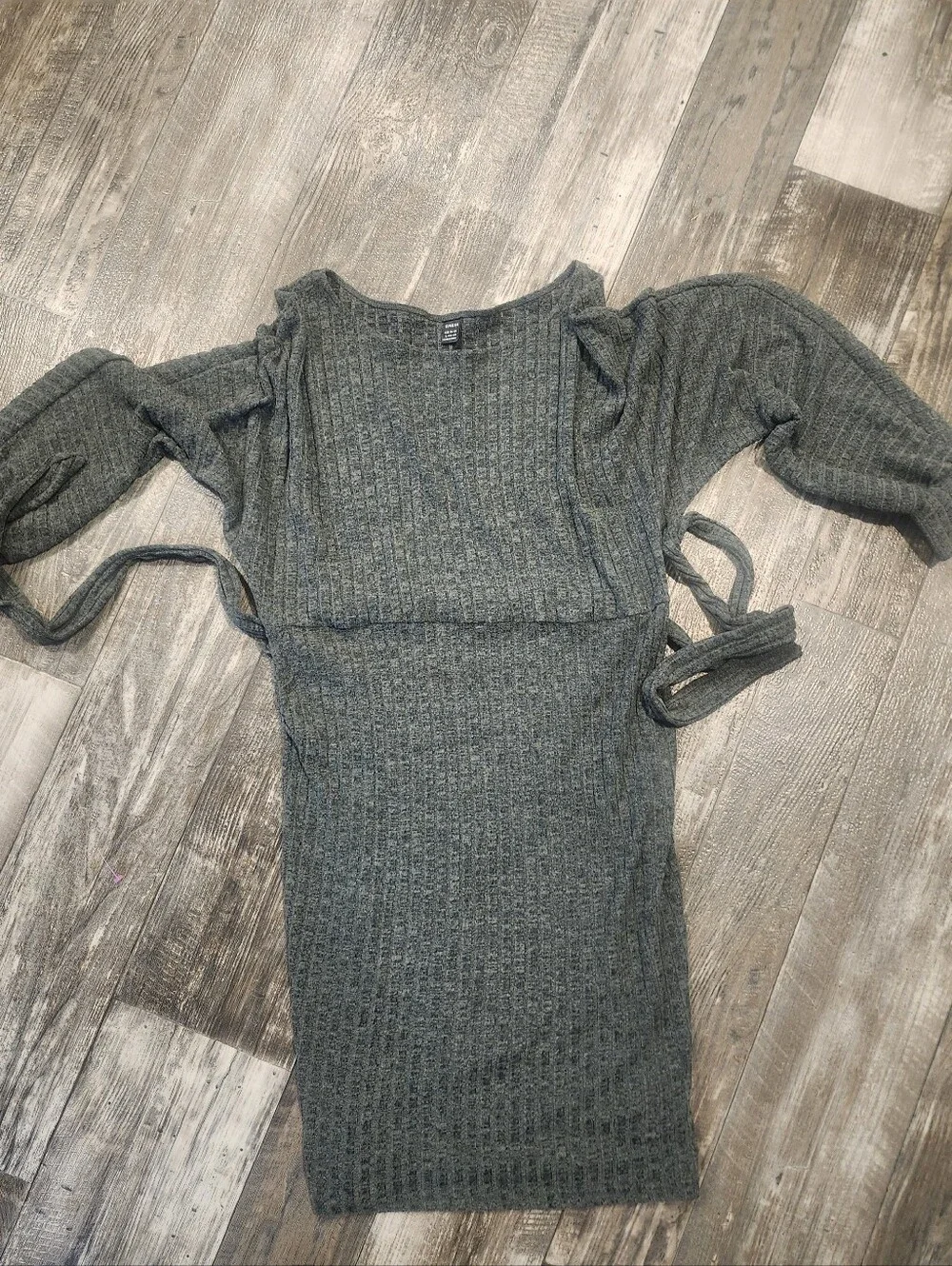 SHEIN Heathered Green Ribbed Knit Wrap Sweater Dress | Balloon Sleeve Tie Waist